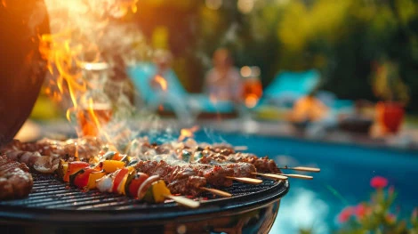 poolside barbecue party with sizzling grills delicious aromas casual summer vibes