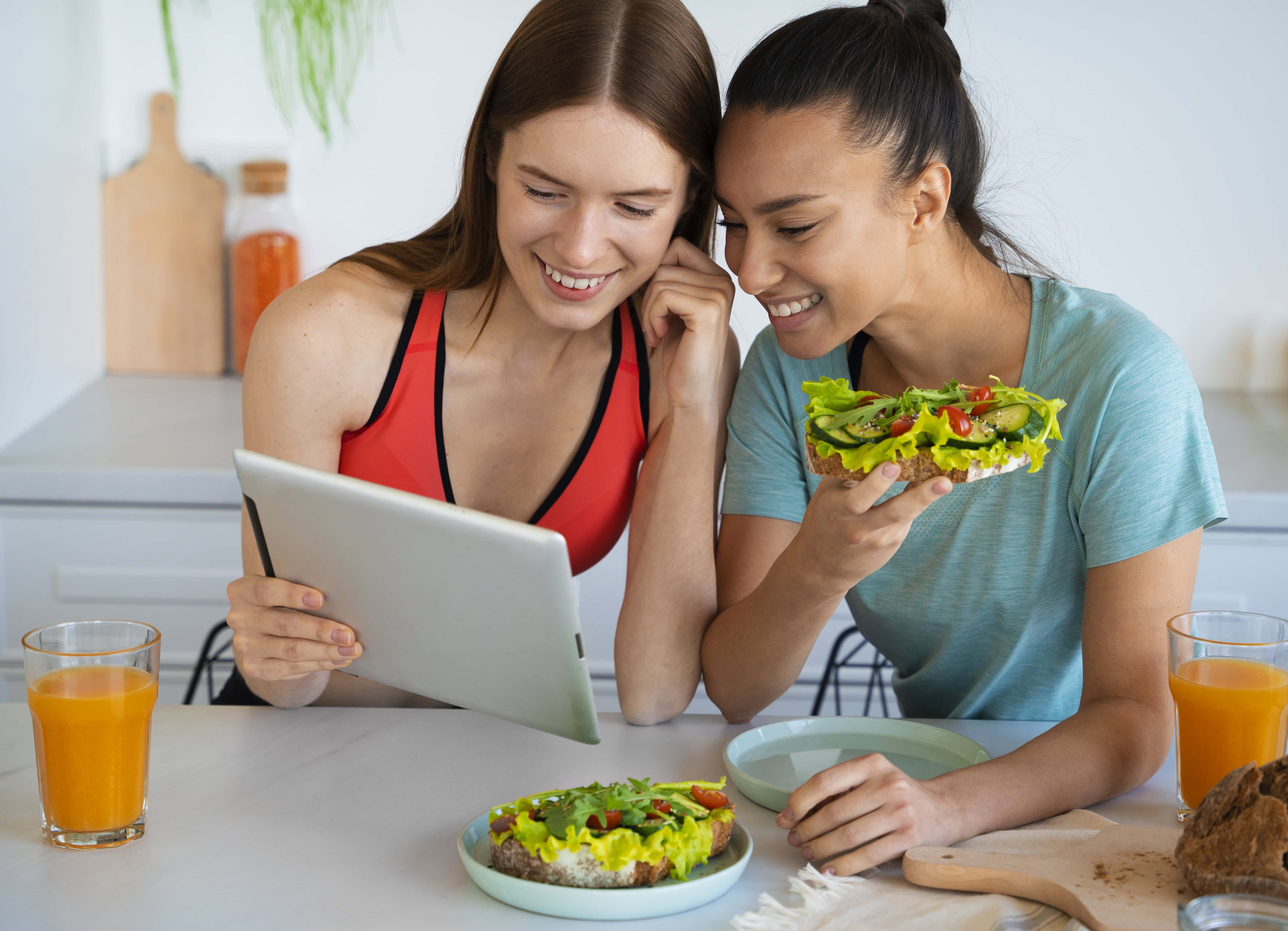 women with healthy food high angle
